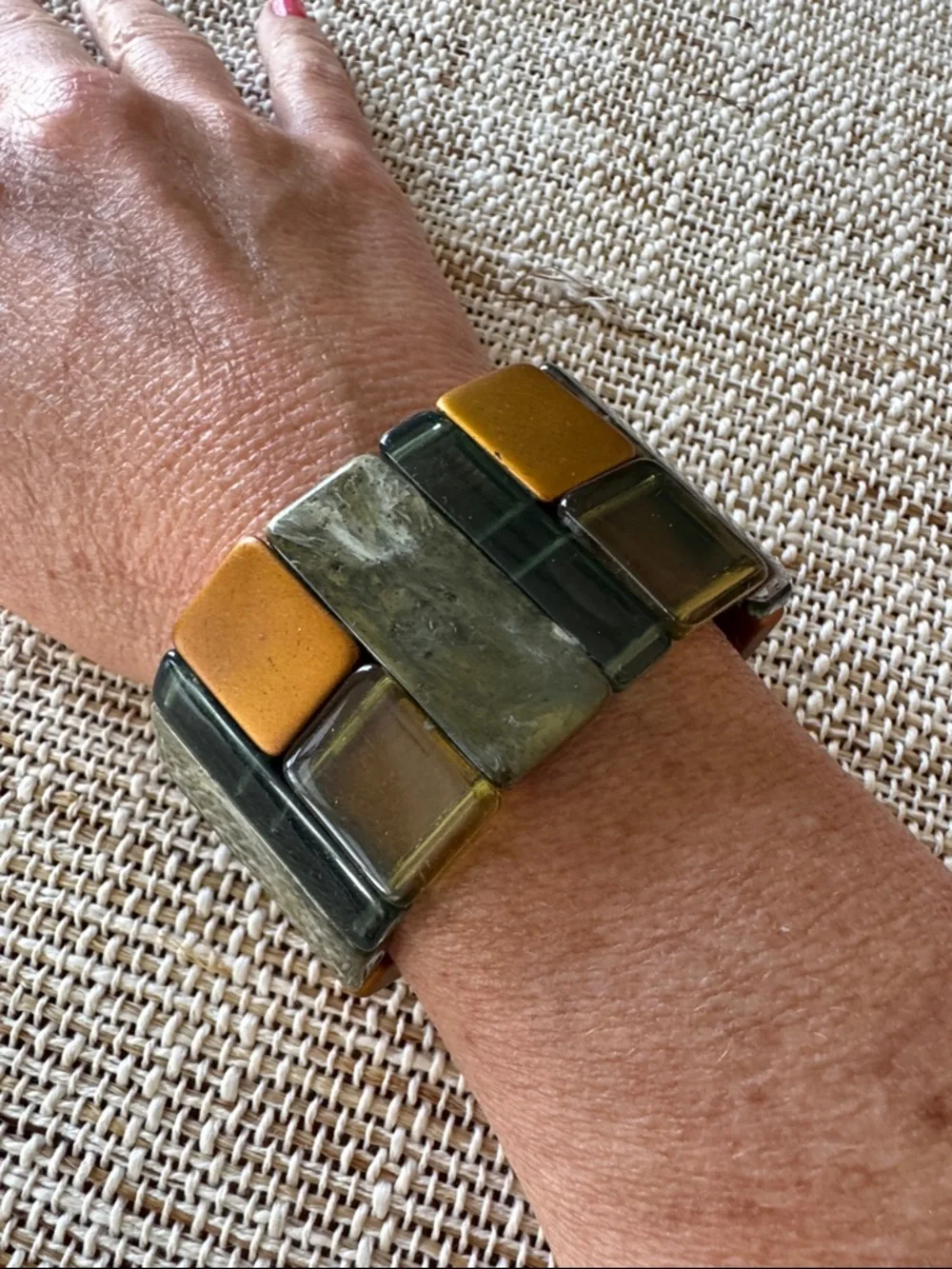 Green and Gold Tile Stretch Wristband Bracelet